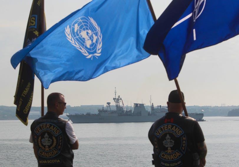 Members of Veterans UN Canada, HRM Group, welcome HMCS Fredericton as the frigate arrives back to the city from it's ill-fated NATO deployment, off Point Pleasa nt Park in Halifax Tuesday July 28, 2020.

TIM KROCHAK/ The Chronicle Herald