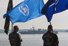 Members of Veterans UN Canada, HRM Group, welcome HMCS Fredericton as the frigate arrives back to the city from it's ill-fated NATO deployment, off Point Pleasa nt Park in Halifax Tuesday July 28, 2020.

TIM KROCHAK/ The Chronicle Herald