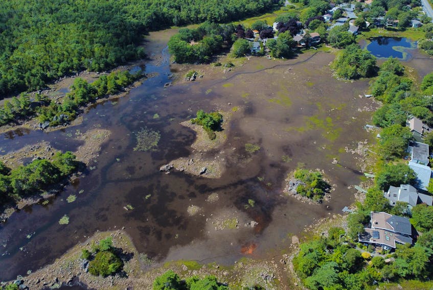 A drone photo shows the the low level of water at Williams Lake in Halifax on Wednesday, Sept. 9, 2020..