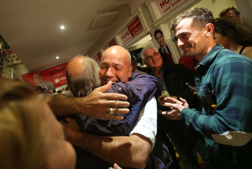 Halifax Liberal MP Andy  Fillmore hugs a supporter after his win in Monday night's federal election.