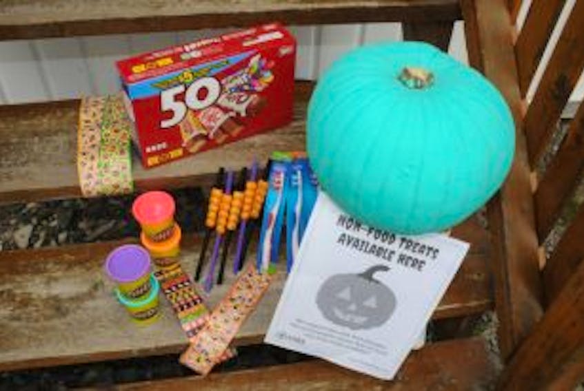 ['<p>The Teal Pumpkin Project enables parents with children that have allergies to know which homes have non-food alternatives, allowing their children to safely trick-or-treat. Pictured here are peanut-free chocolate bars, stickers, Halloween-themed straws, tooth brushes and Play-Doh.</p>']