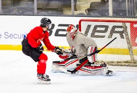 Goaltender Taylor Gauthier faces a shot during Team Canada’s selection camp for the 2021 International Ice Hockey Federation world junior hockey championship. Gauthier, who has family connections to P.E.I., was one of three goaltenders selected for Team Canada. The tournament runs from Dec. 25 to Jan. 5.
