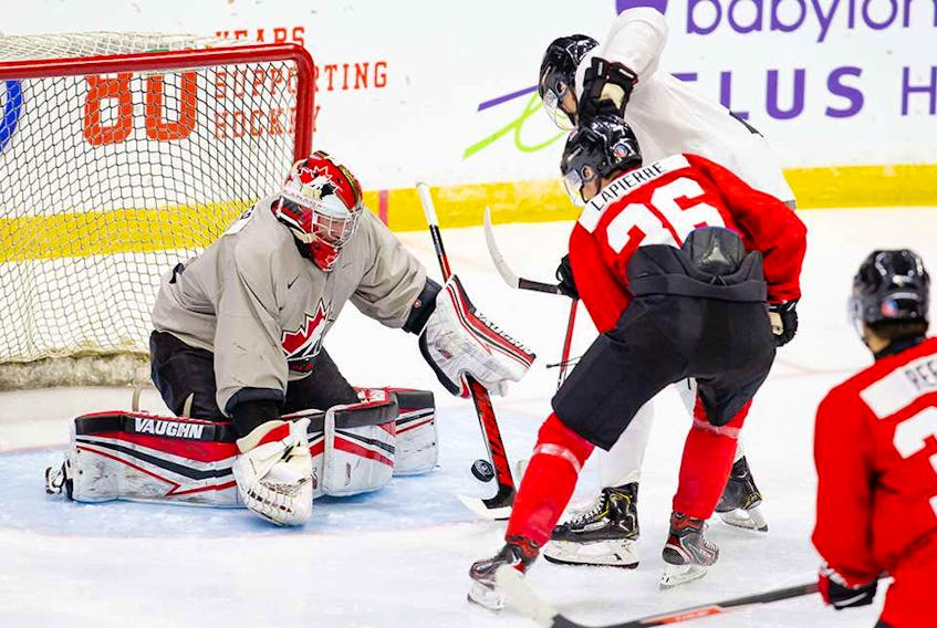Taylor Gauthier makes a save during Team Canada’s selection camp in Red Deer, Alta. Gauthier, who is from Calgary and has close family connections to P.E.I., is one of three goaltenders selected to Team Canada for the 2021 International Ice Hockey Federation world junior hockey championship in Edmonton from Dec. 25 to Jan. 5.