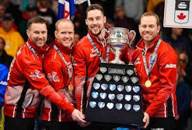 Brad Gushue’s rink from St. John’s last played with its regular four players when it was victorious in the final of the 2020 Tim Hortons Brier in Kingston, Ont. The team of (from left) Gushue, Mark Nichols, Brett Gallant and Geoff Walker is seeking its fourth Brier Canadian men's curling championship beginning today in Calgary. – Curling Canada photo  
