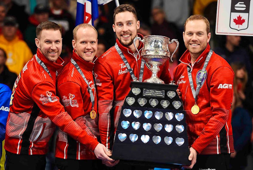 Brad Gushue’s rink from St. John’s last played with its regular four players when it was victorious in the final of the 2020 Tim Hortons Brier in Kingston, Ont. The team of (from left) Gushue, Mark Nichols, Brett Gallant and Geoff Walker is seeking its fourth Brier Canadian men's curling championship beginning today in Calgary. – Curling Canada photo  
