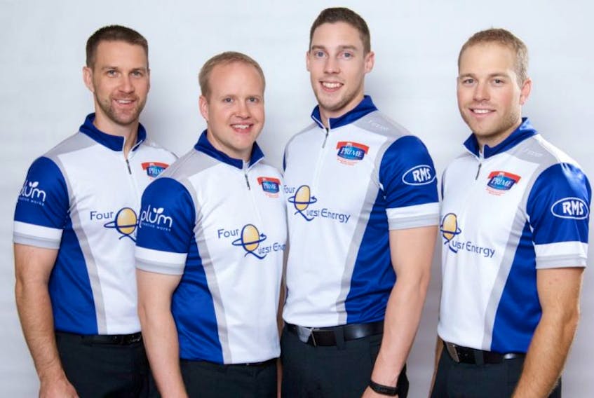 For a second straight week, members of the Brad Gushue world men's curling champion rink (from left), Brad Gushue, Mark Nichols, Brett Gallant and Geoff Walker found themselves as opponents, this time at the Canad Inn Mixed Doubles Championship in Winnipeg. But the foursome will be back together for the Tour Challenge, a Grand Slam event beginning later this week in Regina.