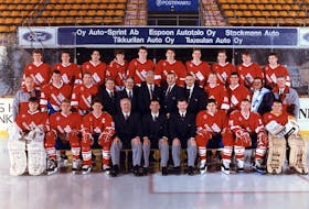 Hockey Canada images
Members of the 1990 Canadian world junior squad are, from left, first row: Stephane Fiset, Dan Ratushny, Dave Chyzowski, assistant coach Dick Todd, head coach Guy Charron, assistant coach Perry Pearn, Mike Ricci, Kris Draper, Trevor Kidd; second row: unidentified, Stu Barnes, Scott Pellerin, unidentified, unidentified, unidentified, unidentified, unidentified, Mike Needham, Dwayne Norris, unidentified, unidentified; third row: Mike Craig, Stuart Malgunas, Adrien Plavsic, Patrice Brisebois, Eric Lindros, Kent Manderville, Kevin Haller, Jason Herter, Steven Rice and Wes Walz.