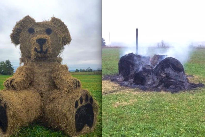 The teddy bear at Blake's Pumpkin Jungle, before and after vandals struck.