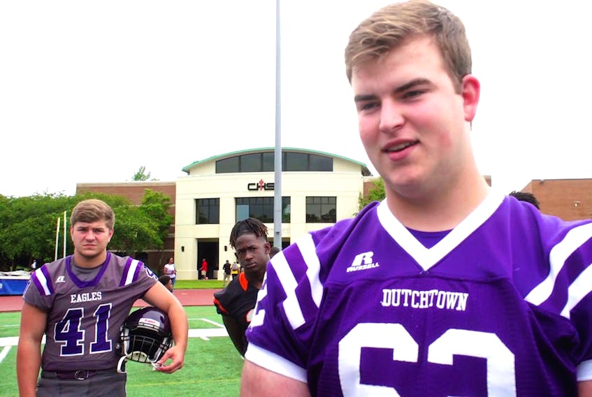 Riley Lawrence (right), a 6-2, 300-pound offensive lineman and high school district all-star from Baton Rouge, La., is the son of Newfoundlanders Richard and Madonna Lawrence. The 18-year-old will play for the defending NCAA football champion Louisiana State University Tigers this season.