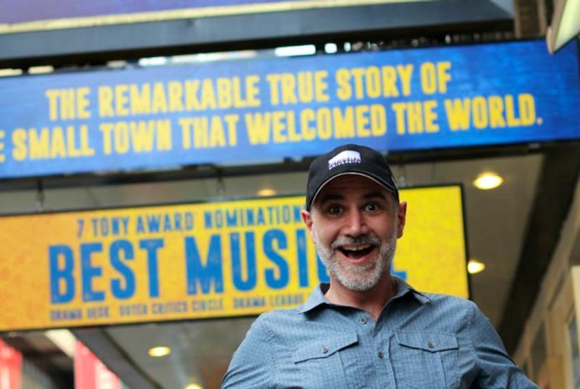 Newfoundland musician Romano Di Nillo poses outside the Gerald Schoenfeld Theatre on Broadway, where "Come From Away" is playing. Di Nillo, left a seven-year run with the touring musical "Wicked' to join "Come From Away."