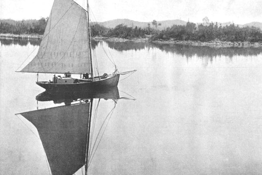 A photograph of “our yacht at Pilley’s Island”, taken by Robert Holloway and included in his 1910 book, “Through Newfoundland with the Camera”, published posthumously. He was born in England in 1850 and came to St. John’s in 1874 to serve as principal of the Wesleyan Academy. Once here, he developed a keen interest in photography. Note also in this picture, the smaller craft used to get from the sailboat’s mooring points to shore.