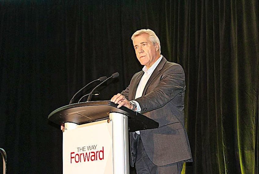 Premier Dwight Ball at the podium during “The Way Forward” Tuesday at The Rooms.