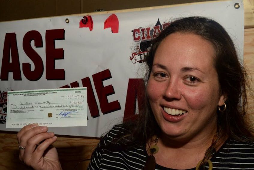 She didn’t win the Chase the Ace jackpot of $962,995, but Courtney Noseworthy of Bay Roberts walked away with a consolation prize cheque for $172,368 for picking the 6 of clubs at St. Kevin’s Parish Hall in Goulds on Wednesday night. There are now 11 cards left from the deck of 52, and the jackpot is expected to reach the $2-million mark and the 50/50 draw to reach the $300,000 milestone for the Aug. 9 draw. There is no draw next week due to Aug. 2 being the day of the Royal St. John’s Regatta.
