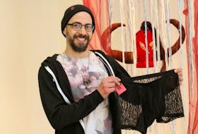 Artist and designer Bruno Vinhas poses with a pair of lycra and lace underwear from his line of non-gender-specific clothing. "I hate the gender of clothes," the Brazilian native says. "It's a piece of cloth. If you want to wear it, wear it." Vinhas is one of nine graduating students from College of the North Atlantic's Textiles: Craft and Apparel Design program who are displaying and selling their work with an exhibit and fashion show this week. See full story, page B3.