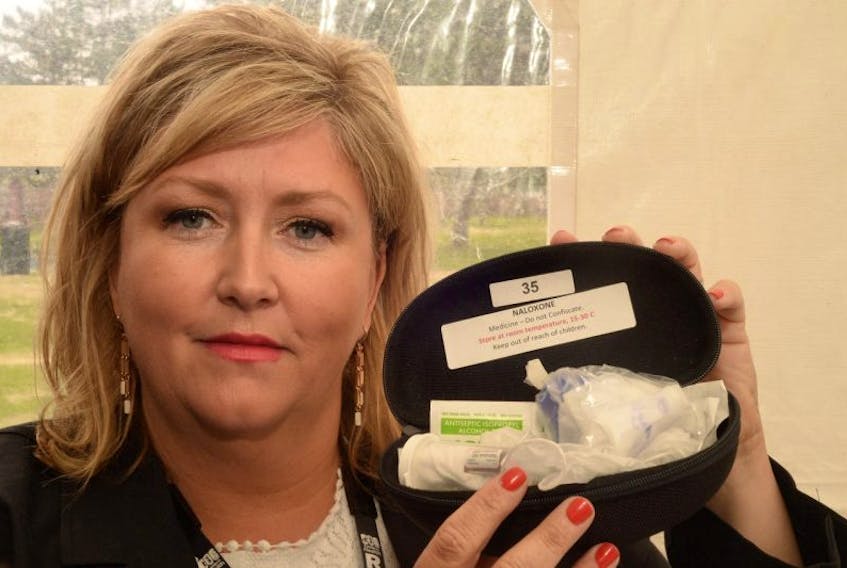 Karen Singleton, RN, with the Mental Health and Addictions program at the Recovery Centre in Pleasantville, holds a  Naloxone kit for use in the event of a possible overdose of Fentanyl prior to medical attention arriving. Was taking part in the formation of the St. John’s Community Action Group on Fentanyl Monday.