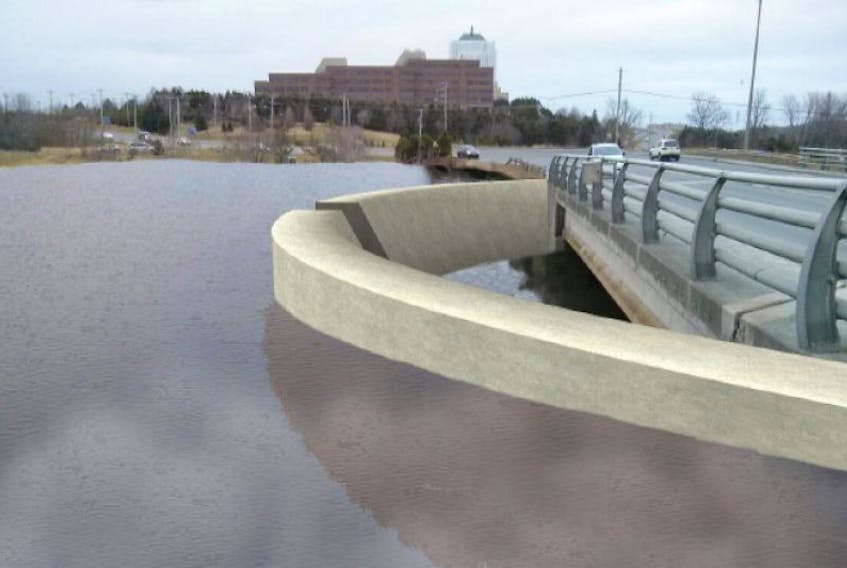 An illustration of a proposed weir at Long Pond, at the Allandale Road overpass. Coun. Danny Breen says the weir will be unlikely to get final approval. This shows what the weir could look like in the case of a heavy rain event. A new plan is in the works for handling water in the system.