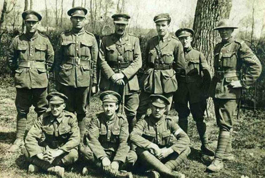 The heroes of Monchy include (front, from left) Pte. Donald Wilfred Curran, Cpl. John H. Hillier and Pte. Japheth Hounsell; (back, from left) Pte. Albert S. Rose, Lance-Cpl. Walter Pitcher, Lt.-Col. James Forbes-Robertson, Lieut. Kevin J. Keegan, Cpl. Charles Parsons and Sgt. J. Ross Waterfield.