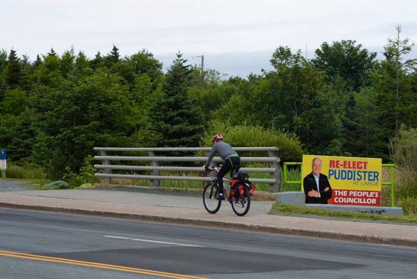 Candidates in the upcoming municipal elections in St. John’s have certain rules to follow regarding where they can post their signs. Art Puddister, running for re-election as a councillor-at-large, says some of his signs — like this one on Logy Bay Road — will be moved to conform with the city’s regulations.