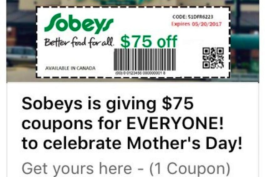 Sobeys says this $75 coupon for its stores that’s been circulating on Facebook is a fake.