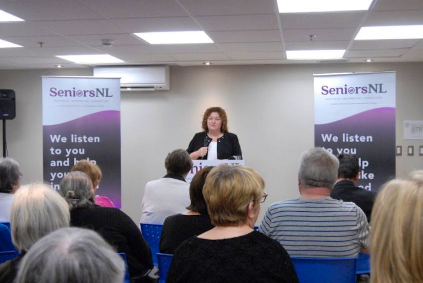 Sherry Gambin-Walsh, minister of Children, Seniors and Social Development speaks Wednesday at the launch event for SeniorsNL, formerly the Seniors Resource Centre of Newfoundland and Labrador.
