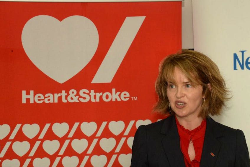 Mary Ann Butt, CEO, Heart and Stroke Foundation of Newfoundland and Labrador speaks at a news conference Thursday. Thanks to $100,000 from the provincial government, the foundation will expand its Restart a Heart – Restart a Life campaign to install Automated External Defibrillators (AEDS) in public facilities throughout the province.