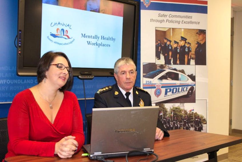 Paula Corcoran-Jacobs, CHANNAL executive director and RNC Chief Joe Boland, discuss mental health issues at RNC Headquarters in St. John’s on Monday, prior to the introduction of a program aimed at building a healthy workplace for RNC officers.