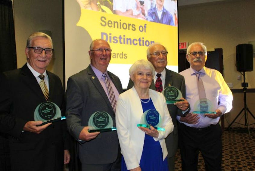 The 2017 Seniors of Distinction awards winners were honoured during an awards ceremony at The Capital Hotel in St. John’s on Tuesday. The winners included (from left) Len Simms, Derm Flynn, Margaret Burden, Gus Etchegary and Willis Whyatt.