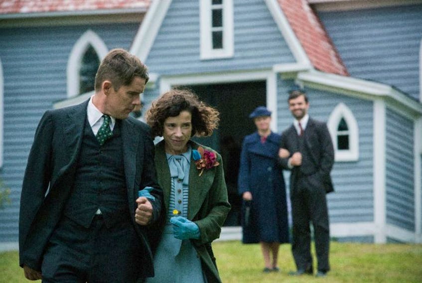 Ethan Hawke and Sally Hawkins as Everett and Maud Lewis on their wedding day in “Maudie.” 