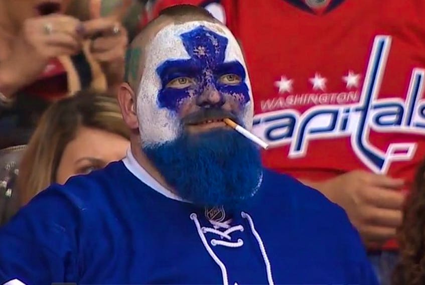 Has anyone in the world ever wanted or needed a cigarette as bad as Maple Leafs Dart Guy? Certainly not Telegram reporter Kenn Oliver who is now five days smoke free.