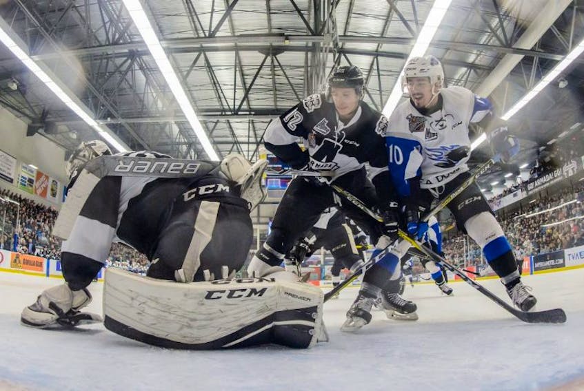 Saint John Sea Dogs centre Nathan Noel (10), shown in action against the Blainville-Boisbriand Armada in the QMJHL championship final, has become an effective two-way centre for the Sea Dogs, who are one of four entries in the Memorial Cup tournament beginning this weekend.