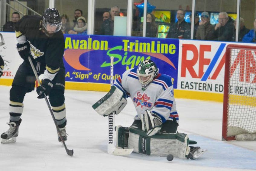 A.J. Whiffen, shown here making a save in an Avalon East game against the Northeast Eagles last year, backstopped the Harbour Grace Ocean Enterprises CeeBee Stars to the 2017 Herder Memorial Trophy championship. There are some within the East league who maintain Whiffen was paid to do so, which is against league bylaws.