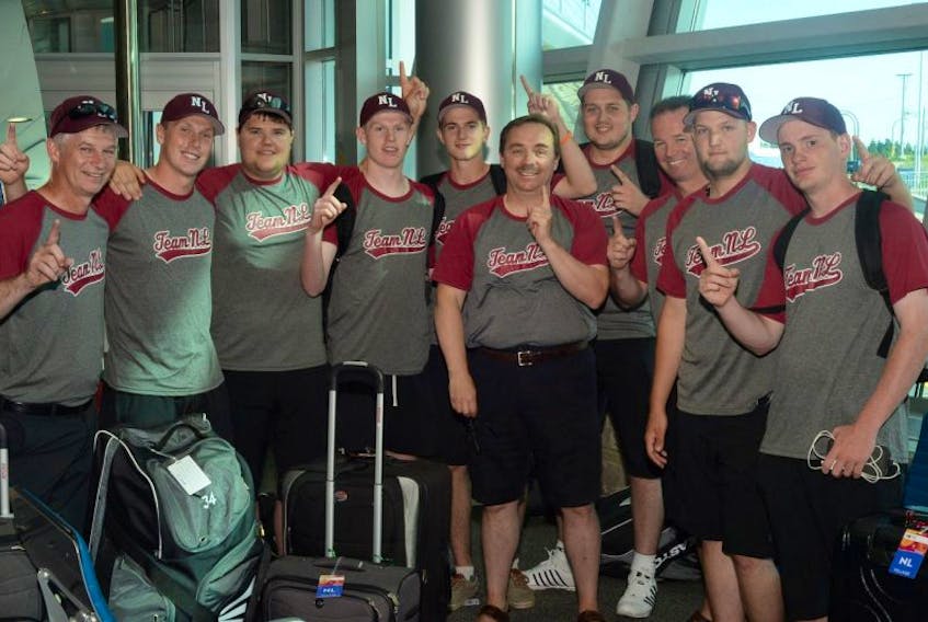 The first contingent of Newfoundland and Labrador athletes competing in the 2017 Canada Summer Games left St. John’s International Airport this week. Among those winging their way to Winnipeg were members of the province’s male softball team, including (from left) coach Paul King, Mitch Stack, Daniel Byrne, Mark Stack, Gerald Wall, manager Dave Feener, Eric Healey, coach Donny King, Jordan Noftall and Brent Hatfield. Healey was also the province's flagbearer for the Games opening Friday night. The Games, which run until Aug. 13, feature 16 sports and some 4,000 athletes and coaches, 400 of them from this province.