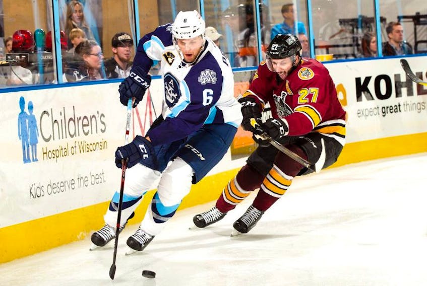 Bonavista’s Adam Pardy (6), shown playing for the AHL’s Milwaukee Admirals against the Chicago Wolves last season, is set to become an unrestricted free agent for a fifth straight season.
