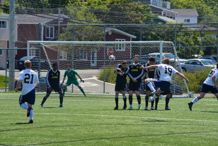 In this July 16, 2016 file photo, Devon Ryan (19) of C.B.S. That Pro Look sends the ball around the wall on a free kick to score against the Mount Pearl First Choice Haircutters in Molson Challenge Cup soccer play at the Topsail Turf Complex. C.B.S., Mount Pearl and the other teams that competed for the Challenge Cup in 2016 are back as the league opens a new season May 13.
