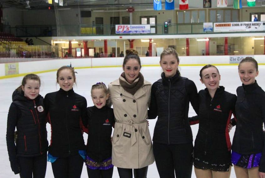 Kaetlyn Osmond (centre) was joined by a number of local figure skaters at Jack Byrne Arena Sunday as she was honoured for her success this skating season.