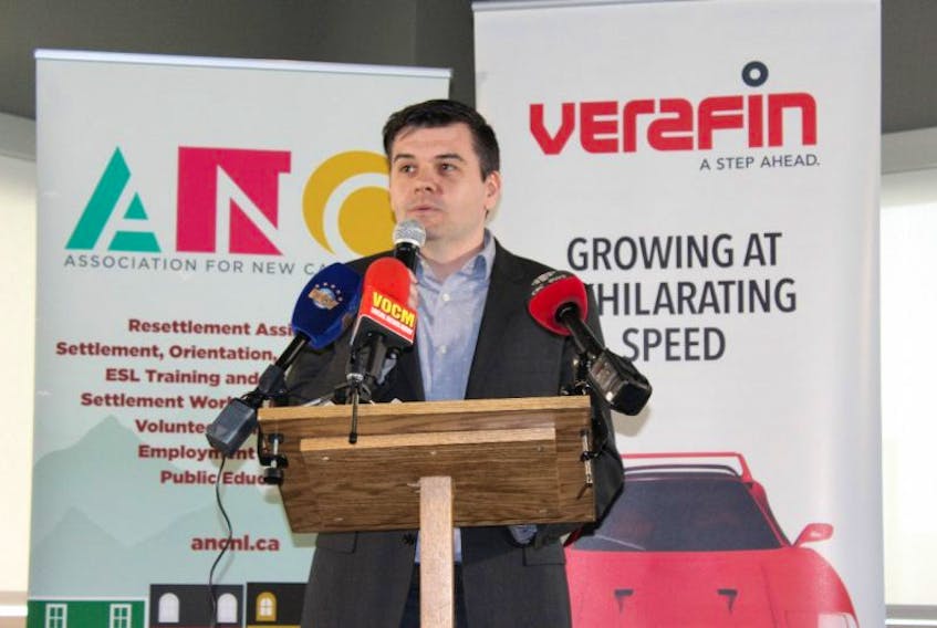 Verafin co-founder Brendan Brothers offers a welcome at the launch of the province’s new immigration plan, held at the Verafin office off of Hebron Way in St. John’s Friday. Minister Gerry Byrne pointed to Verafin as a company active in bringing skilled individuals to the province.  