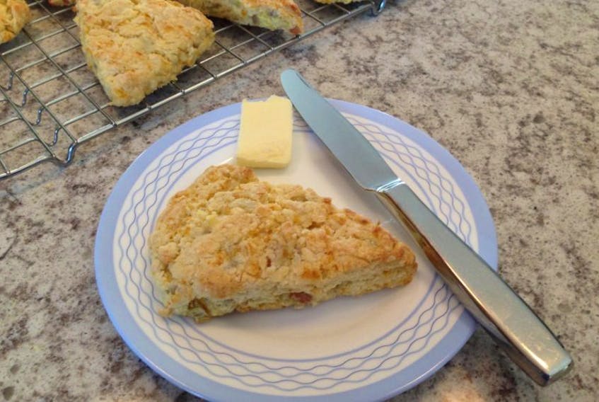 Rhubarb orange scones, delicious out of the oven, and just as delicious warmed over the next day.