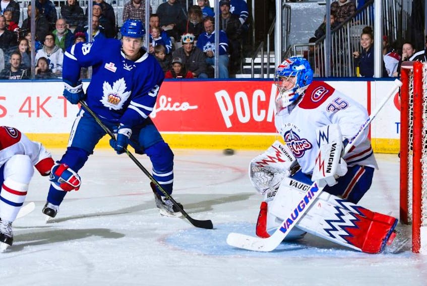 St. John’s IceCaps goaltender Charlie Lindgren, show in action against Colin Greening and the Toronto Marlies in Toronto last month, hasn’t only been the IceCaps’ top rookie to date. He probably has to be considered the team’s MVP at the halfway point of the season.