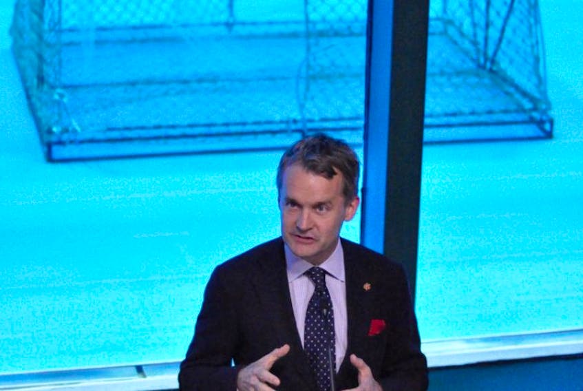 Federal cabinet minister Seamus O’Regan speaks during a news conference announcing Ocean Supercluster as one of nine finalists in the federal government’s Innovation Supercluster Initiative, which is aimed at fostering public-private partnerships in industries across the country.