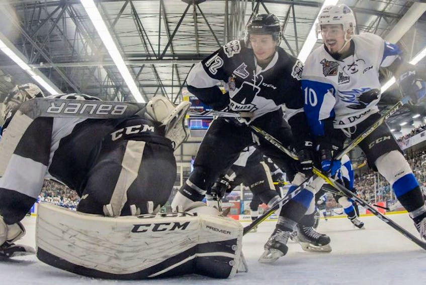Nathan Noel of the Saint John Sea Dogs (10) drives to the net during a QMJHL playoff game last spring against the Blainville-Boisbriand Armada. Noel is currently at the Chicago Blackhawks’ training camp.