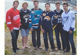 In this August 18, 2011 file photo, Newfoundlanders (from left) Danny Cleary, Michael Ryder, Ryane Clowe, Luke Adam, Adam Pardy and Teddy Purcell pose on Signal Hill in St. John’s. The six, along with fellow Newfoundlander Colin Greening, had played in the National Hockey League the previous season, and all would see at least some time in the NHL in each of the next four seasons. However, as of this week, there is nobody from this province playing in the NHL.