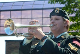 Cpl. Stephanie Furey, CD of the Royal Newfoundland Regiment band, performed the “Last Post” and “Reveille” at the Merchant Navy Memorial Service held at the Marine Institute in St. John’s on Thursday.
