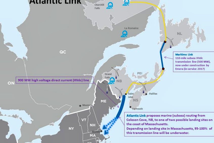 A map shows the route of Emera’s planned subsea power link from New Brunswick to Massachusetts.