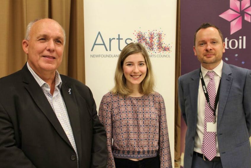 St. John’s teenager Gwenyth Puddester (centre) was chosen as the 2017 Statoil ArtsSmarts Scholarship winner. She was presented with the award during a ceremony at St. Mary’s Elementary on Thursday morning by Statoil Canada president Paul Fulton (left) and ArtsNL executive director Reg Winsor. Puddester was awarded a $2,500 bursary to be used toward her first year of studies at Memorial University.