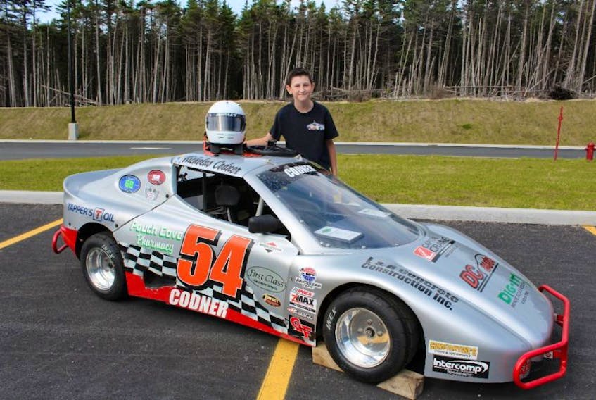 Nicholas Codner hopes to drive his No. 54 Bandolero car to victory at Eastbound International Raceway on Sunday afternoon. His car was on display Wednesday as part of NASCAR’s Acceleration Nation program introduced to his classmates at Juniper Ridge Intermediate School in Torbay.