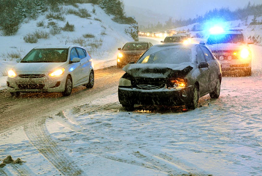 Two collisions on a snow-covered and slippery Trans-Canada highway at about 5 p.m. New Year’s Day caused a huge backup of traffic as people made their way back to St. John’s after a long weekend.