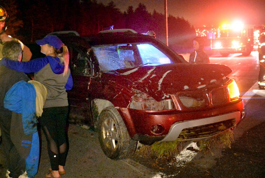 One man was taken to hospital Saturday night following a moose-vehicle collision on Pitts Memorial Drive. Keith Gosse/The Telegram