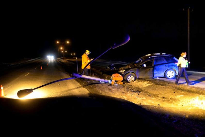 There were no serious injuries Thursday night after a car slammed into a light pole and toppled it on Portugal Cove Road. 