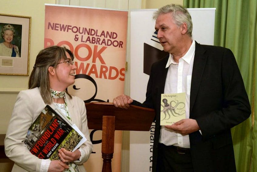 In a ceremony at Government House on Wednesday afternoon presided over by Lt.-Gov. Frank Fagan and Patricia Fagan, authors Jenny Higgins and Patrick Warner were announced winners of the Newfoundland and Labrador Book Awards. Higgins, in the category of non-fiction, won for her work “Newfoundland in the First World War” (Boulder Publications); and for “Octopus” (Biblioasis), Warner won the E.J. Pratt Poetry Award. Here, the winners chat following the awards ceremony.