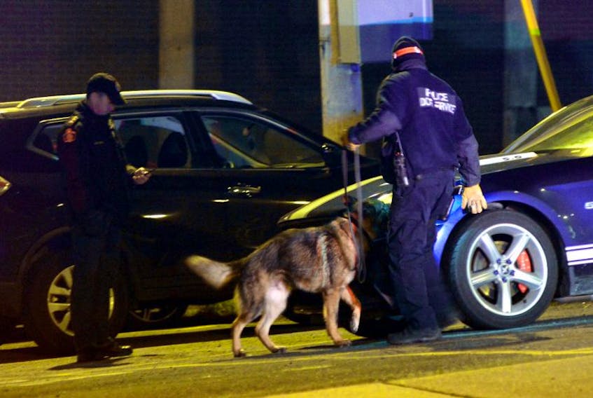 A K-9 team was deployed Tuesday night to search for a possible explosive device on the exterior grounds of Her Majesty's Penitentiary.